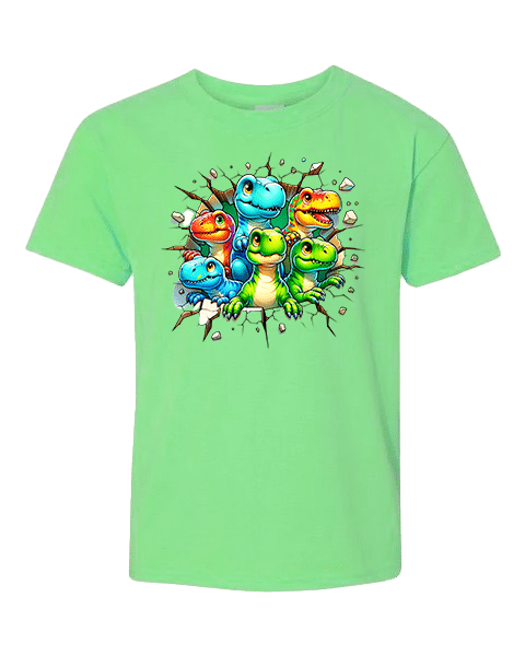Green Girls Dino Tee. There are several small dinos that have busted out of the wall.