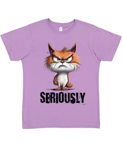Lavender shirt with an angry cat and the words Seriously depicting the cats feelings