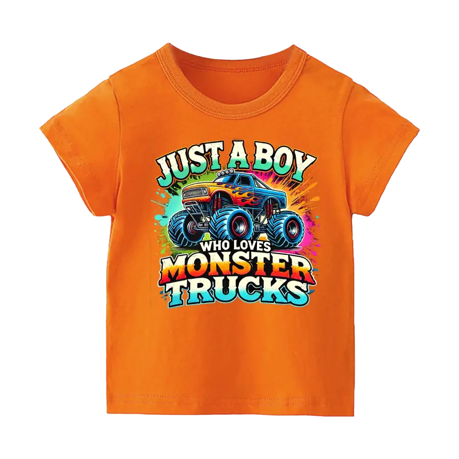 Orange shirt with an image of a monster truck. It has the words Just a Boy Who Loves Monster Trucks.