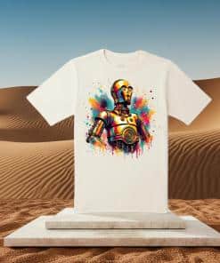 Boys C-3PO white t-shirt with image of C-3PO. The background depicts sand hills.