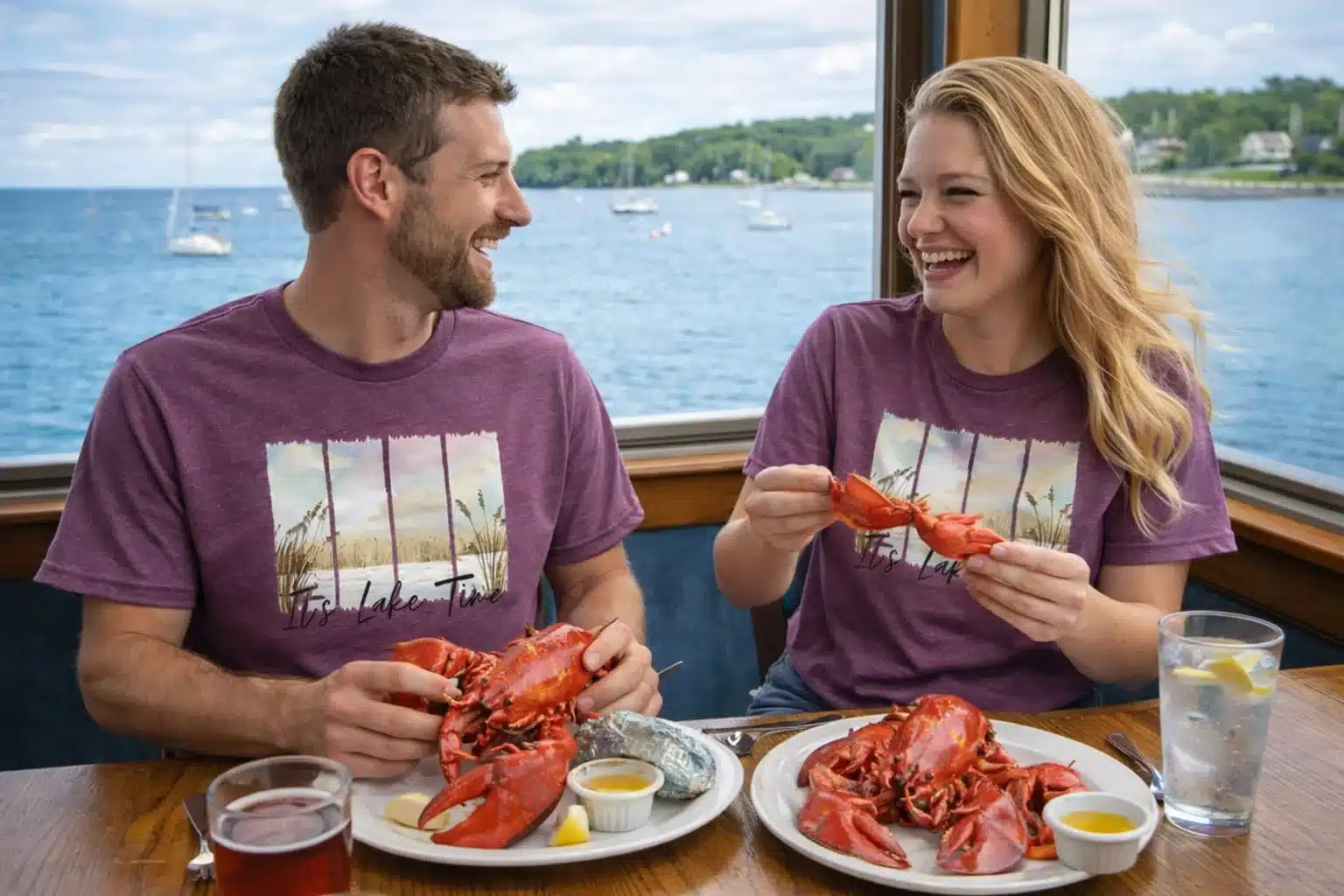 Couple wearing “It’s Lake Time” shirts enjoying lobster dinner by the bay with crystal blue water.