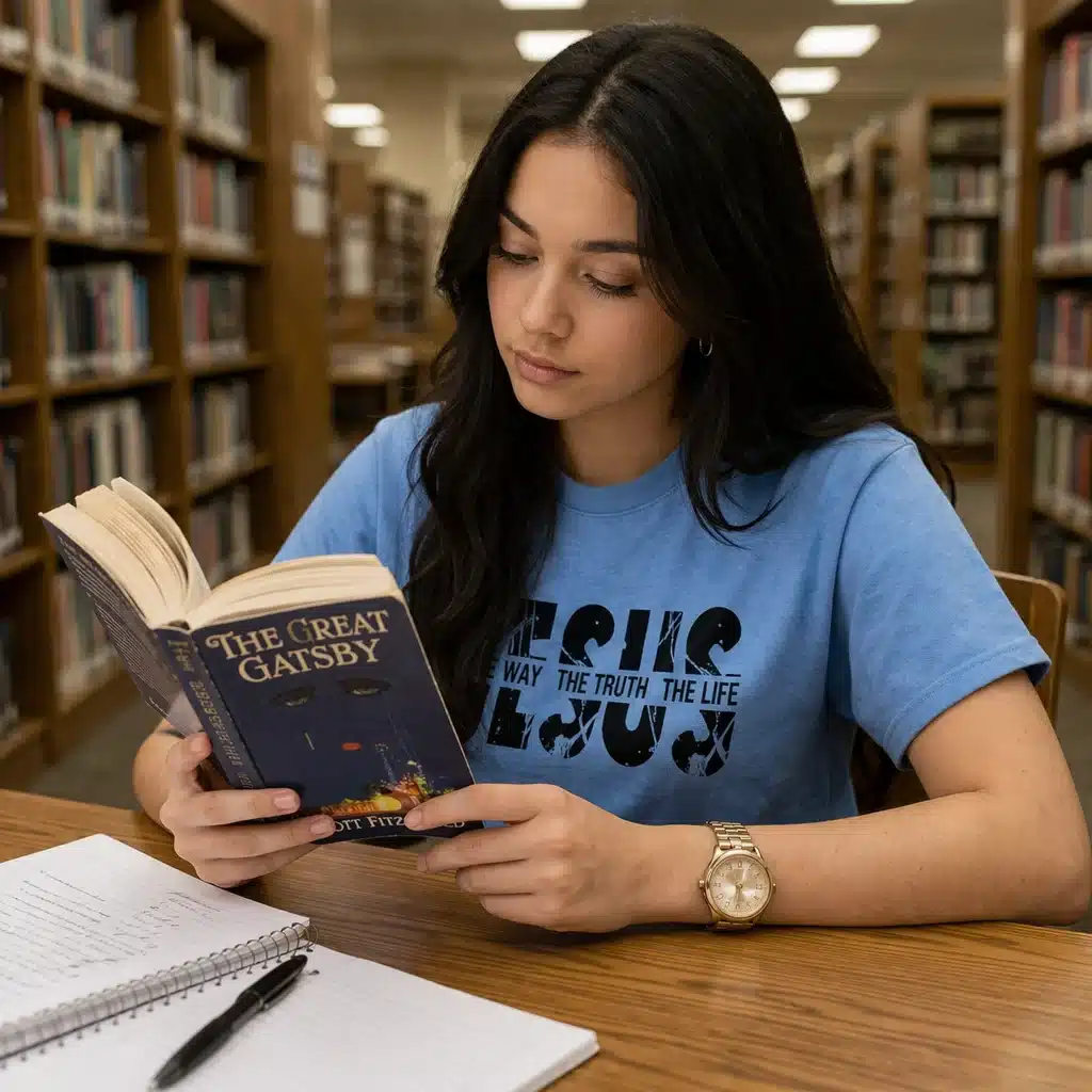 A girl sitting in library reading a book. She is wearing a blue t-shirt with the words "Jesus, the way, the truth, the life"