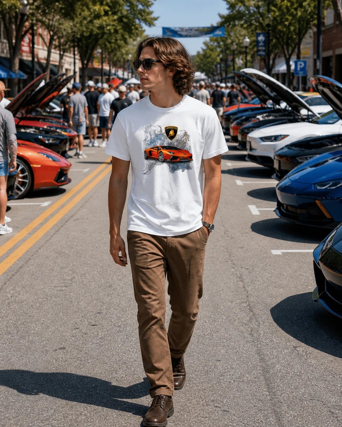 A Young man wearing a white Lamborghini Sports Car T-Shirt. Short sleeve.