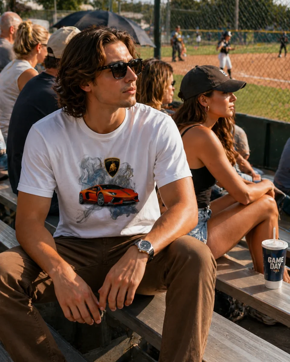 A young man is sitting in the stands of a softball game. he is wearing this shirt with brown pants. He has wavy brown hair and dark sunglasses.