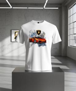 Lamborghini Sports Car on a white tee on a marble platform.