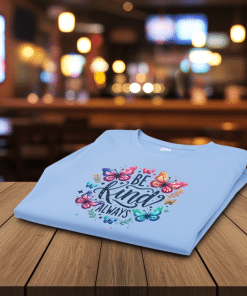 Blue t-shirt with the words be kind always on a wooden table