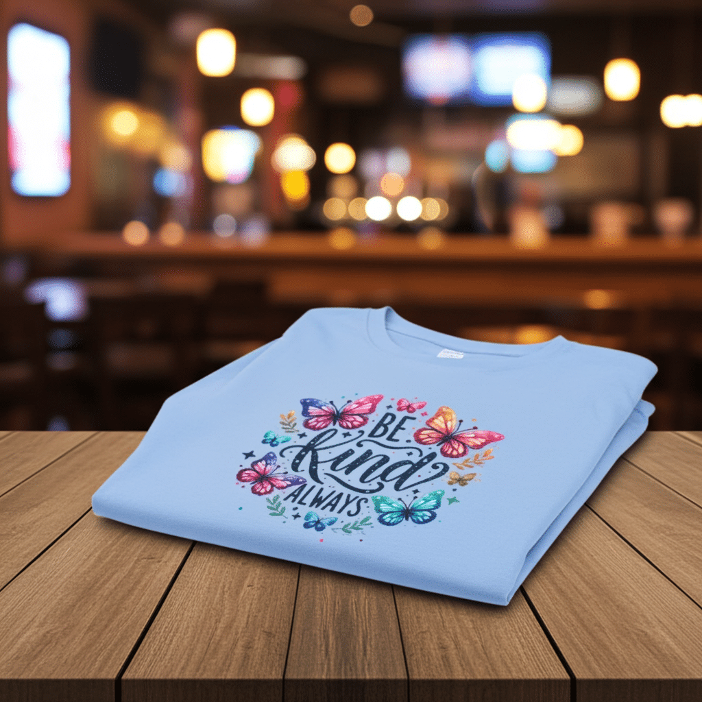 Blue t-shirt with the words be kind always on a wooden table