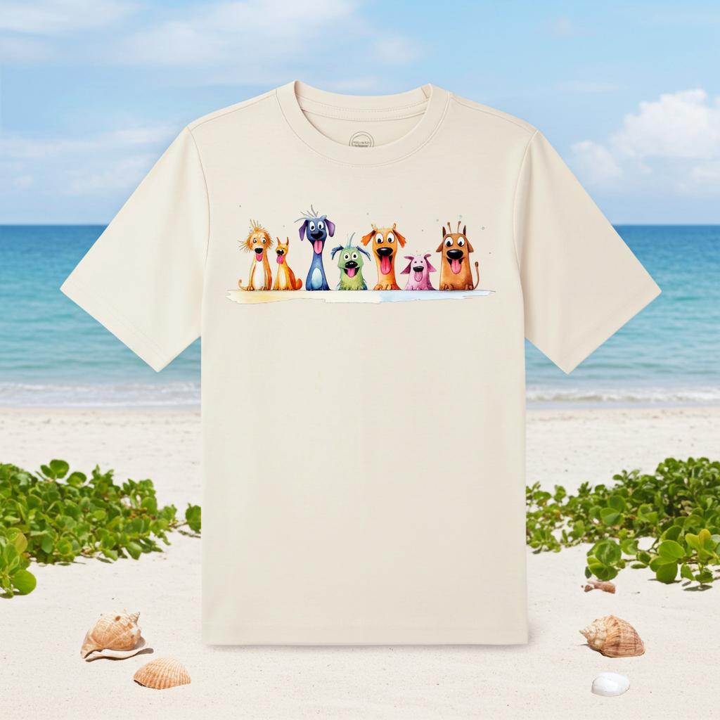 Whimsical Dogs Sitting Together T-Shirt for Kids (Ages 4-5) – Cute Sand Color Tee for Boys & Girls
