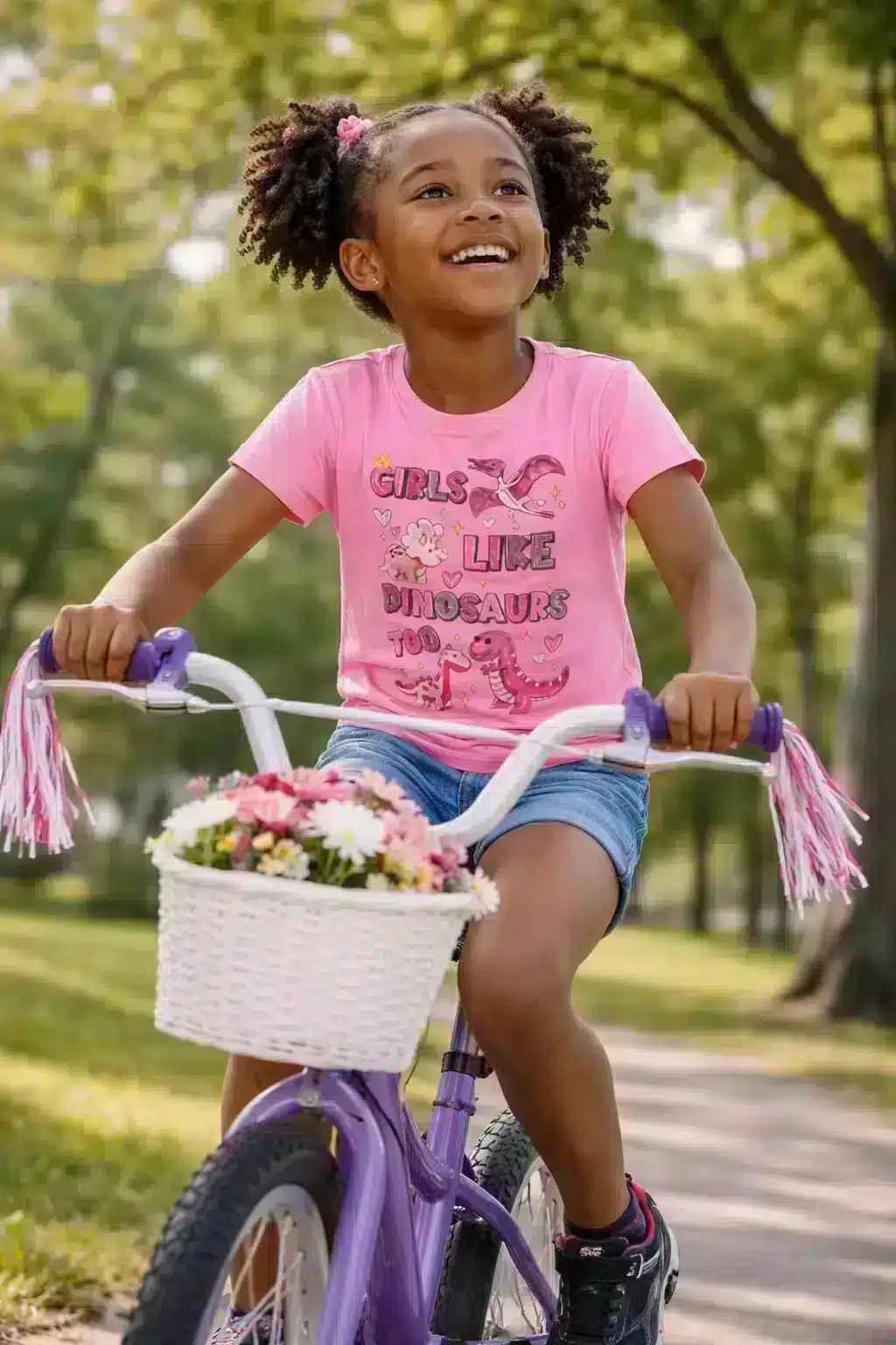 Young girl riding her bike in the park. She is wearing blue shorts with black shoes. She is looking up at the trees in the park and has a big smile. Her pink shirt has several images of dinosaurs and the works "Girls like dinosaurs too".