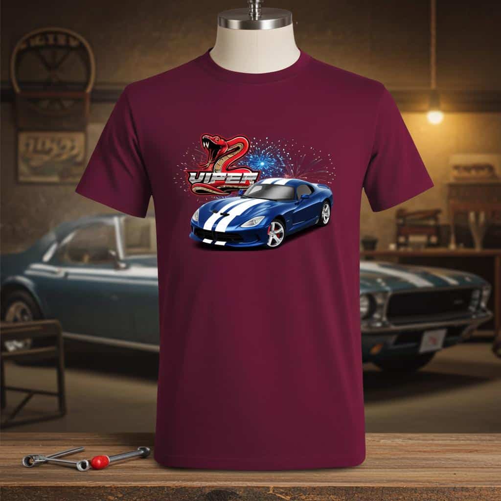 Adult unisex tee in a maroon color with an imaage of a Viper.