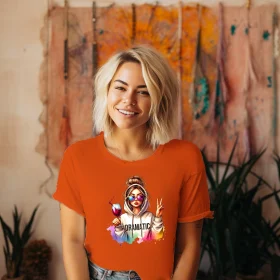 Girl wearing an orange T-Shirt with a graphic design with the word Dramatic