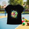 This black tee is packed with bold colors and playful energy, it features four of the most iconic characters from the Nintendo universe. It has a playground background.
