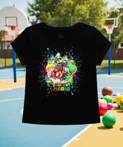 This black tee is packed with bold colors and playful energy, it features four of the most iconic characters from the Nintendo universe. It has a playground background.