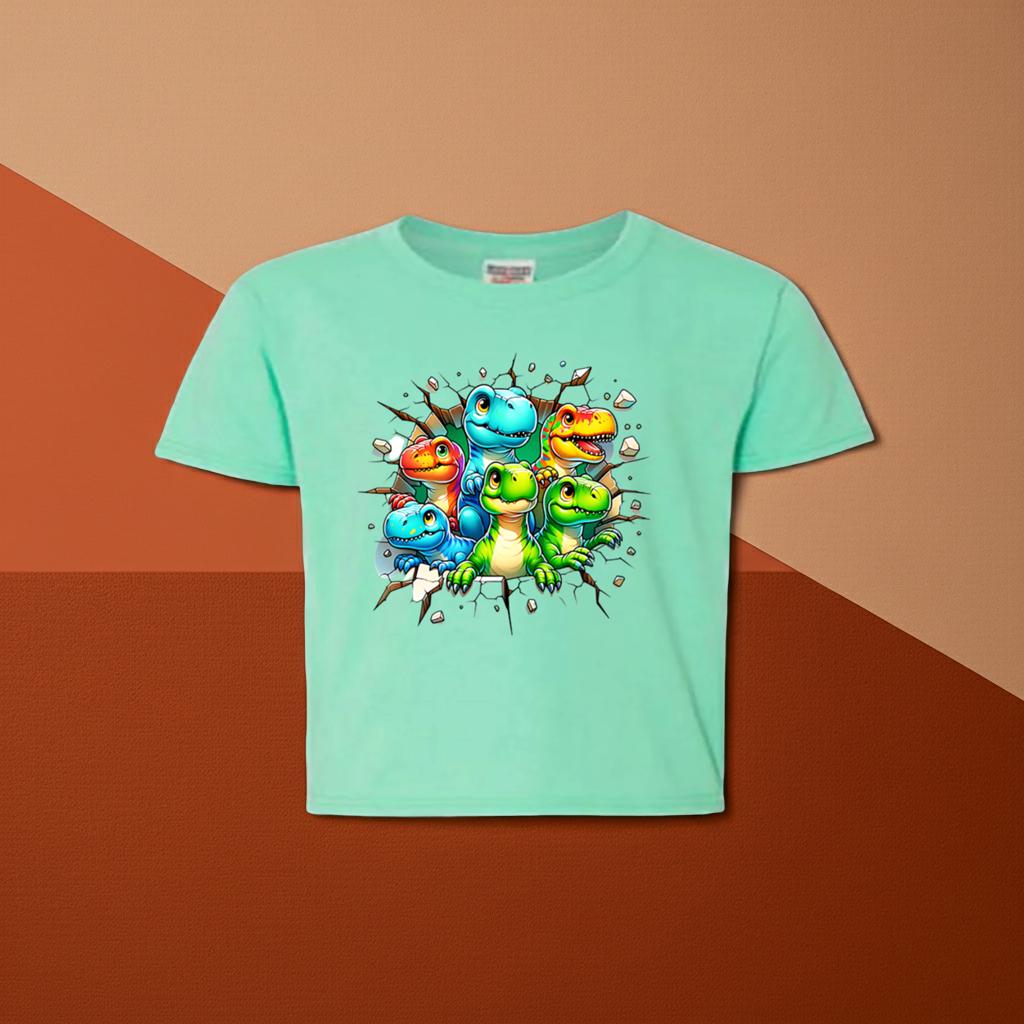Green Girls Dino Tee. There are several small dinos that have busted out of the wall.