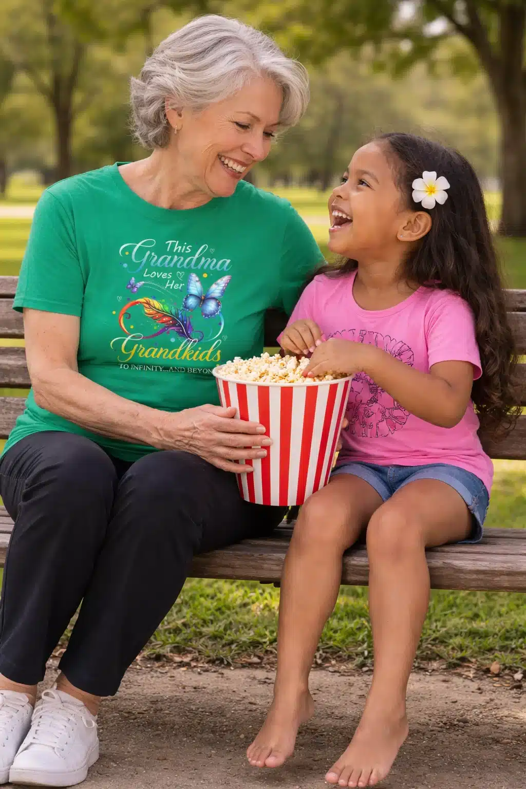 Grandma sitting on a park bench with her grand daughter. They are eating popcorn. She is wearing a Green T-shirt with graphics of butterflies. The words "This grandma loves her Grandkids To Infinity and Beyond".