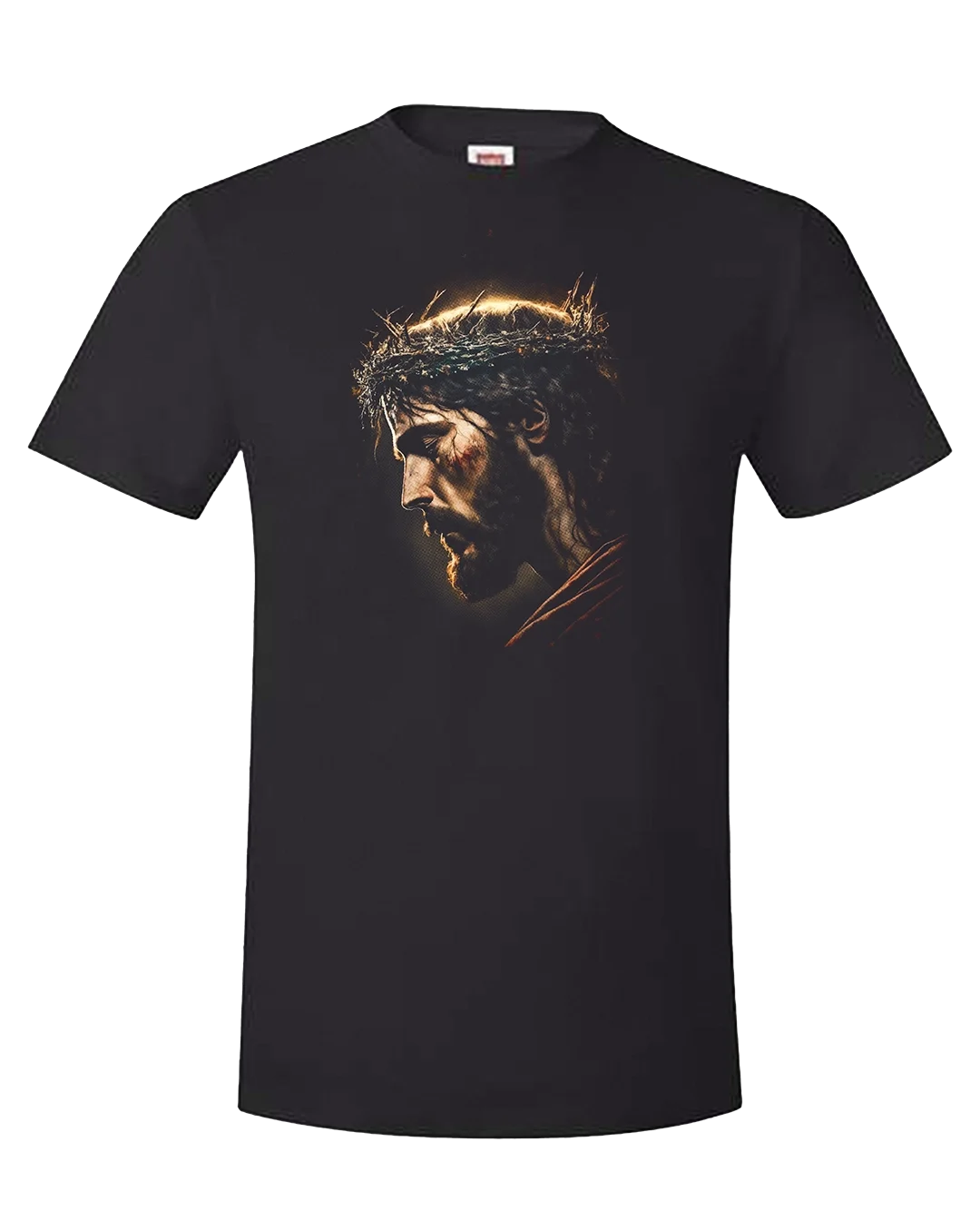 Black t-shirt with the image of Jesus head bowed. He is wearing a crown of thorns.