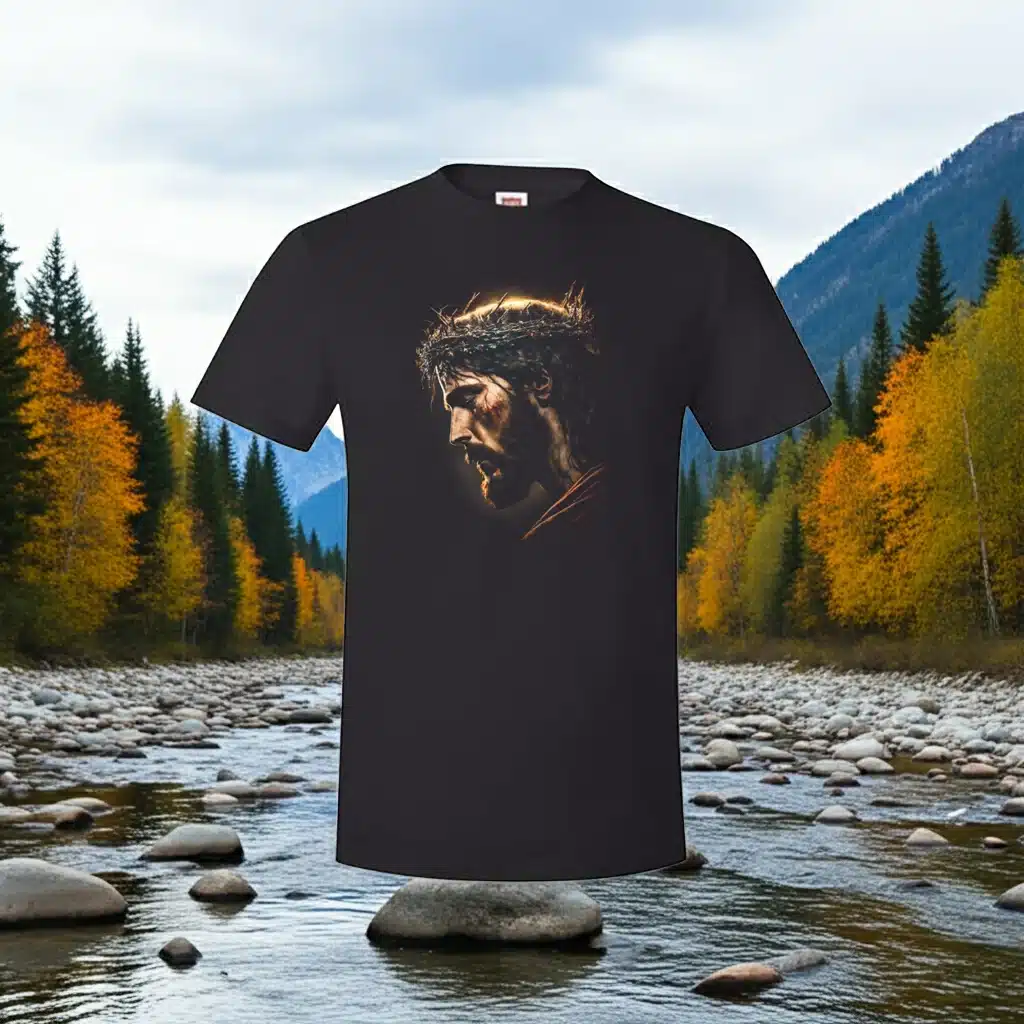 Black t-shirt with the image of Jesus head bowed. He is wearing a crown of thorns.