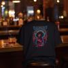Jimi Hendrix image on a black shirt. The shirt is sitting on a bar chair.