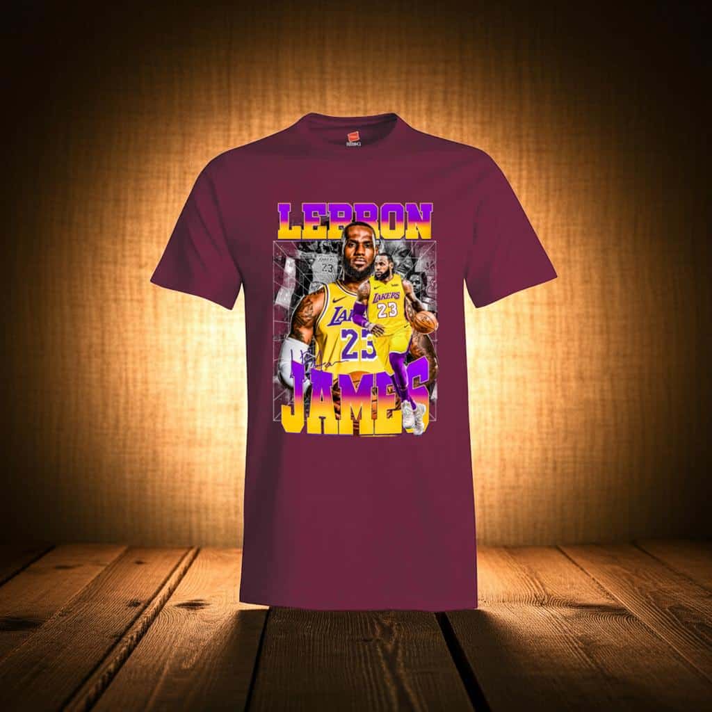 Maroon t-shirt with images of LeBron James with his name in bold letters. He is wearing a Lakers yellow uniform.