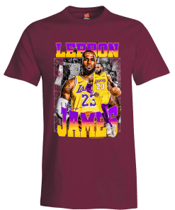 Maroon t-shirt with images of LeBron James with his name in bold letters. He is wearing a Lakers yellow uniform.