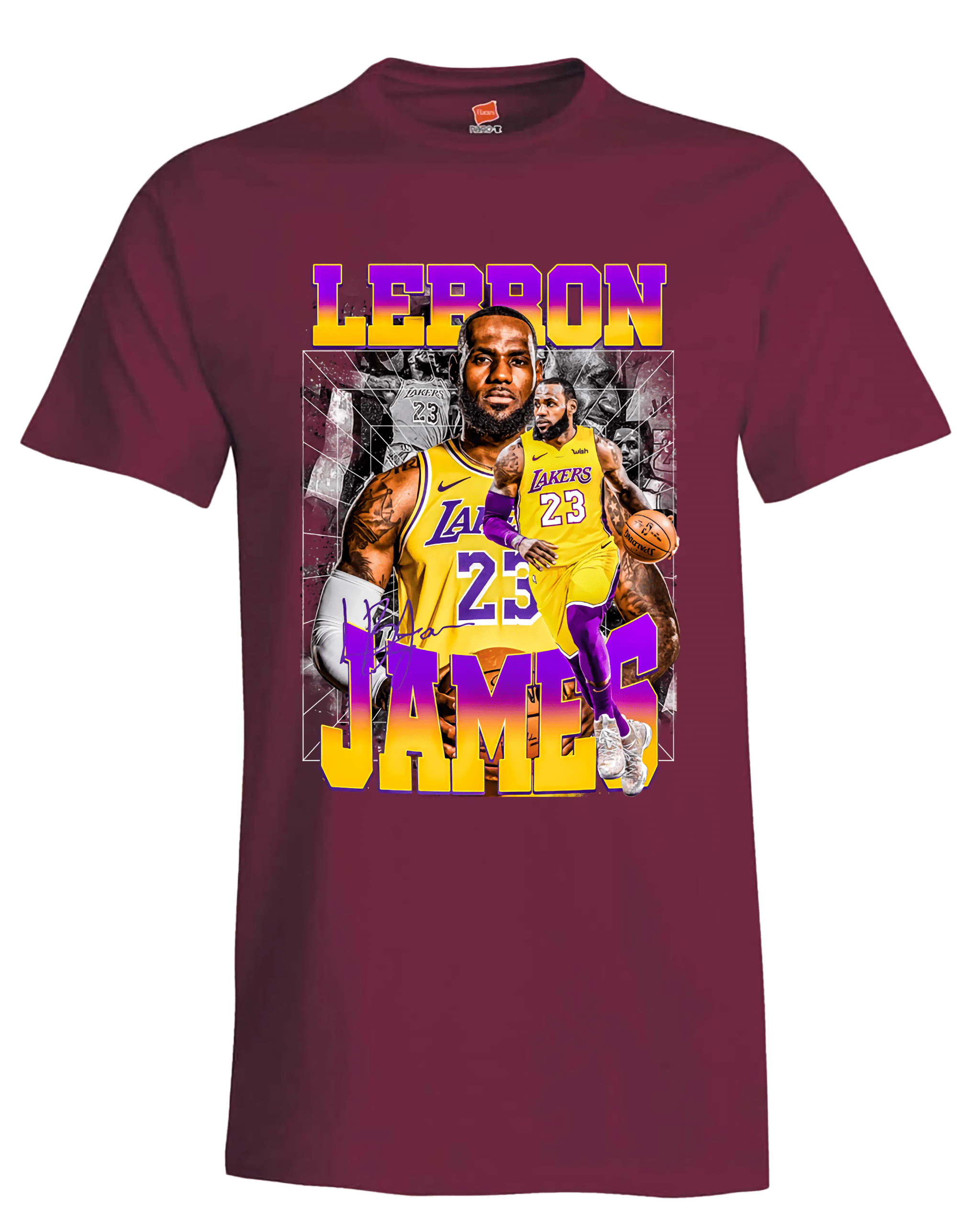Maroon t-shirt with images of LeBron James with his name in bold letters. He is wearing a Lakers yellow uniform.