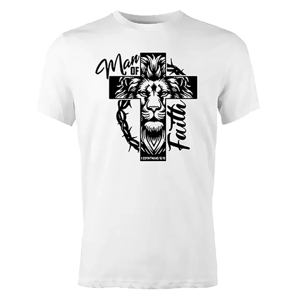 White t-shirt with black image of a lion over a cross over a crown of thorns