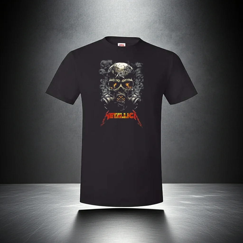Black Metallica T-Shirt with a skull wearing gas mask. The words Metallica are in red at the bottom of the image.