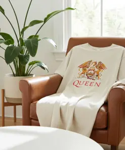 White t-shirt with the Queen emblem over the word Queen. Colors are gold and red.