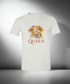 White t-shirt with the Queen emblem over the word Queen. Colors are gold and red.