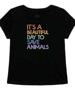 Black t-shirt with the words save animals in different colors.