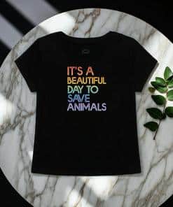 Black t-shirt with the words save animals in different colors.