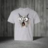 Scaredy Cat T-Shirt in gray. Image of a cat with eyes wide open, hair standing out and mouth wide open.