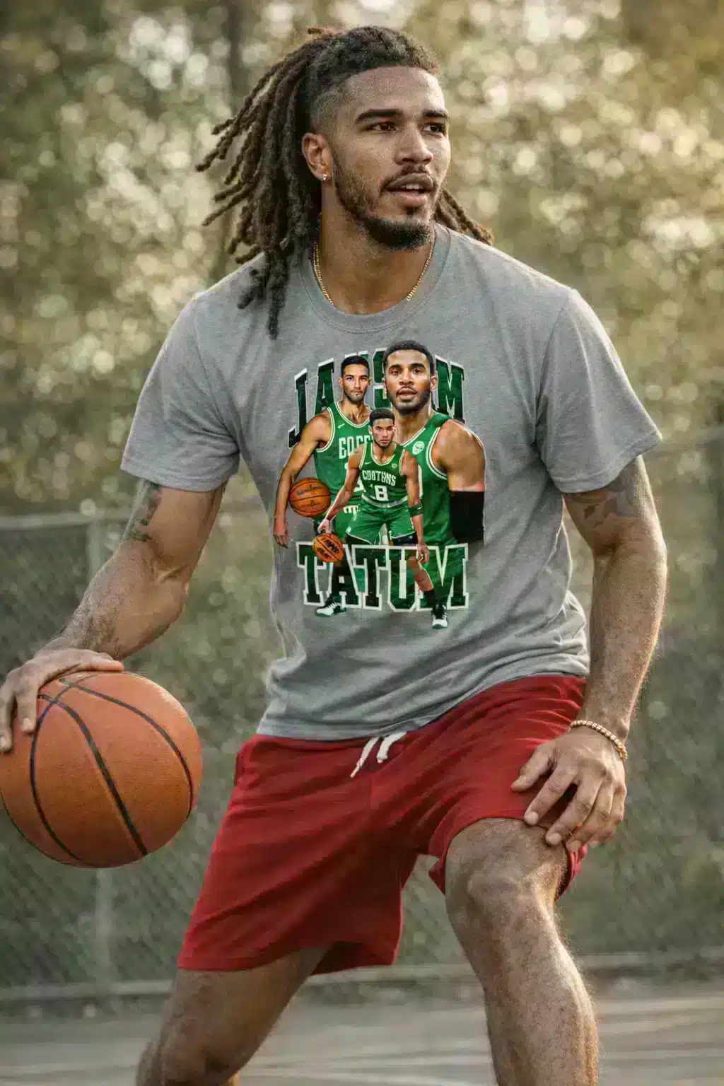 Jayson Tatum Boston Celtics Basketball Star NBA All-Star t-shirt on light gray shirt